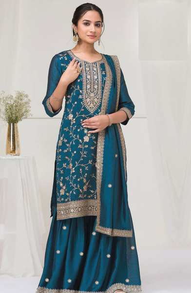 Teal Blue Vichitra Silk Designer Palazzo Kameez Suit