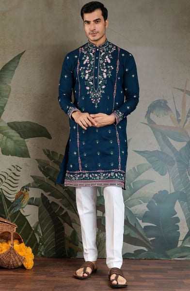 Teal Blue Viscose Silk Kurta for Festival