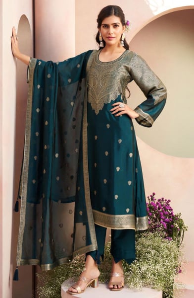 Teal Blue Woven Pure Silk Pant Kameez