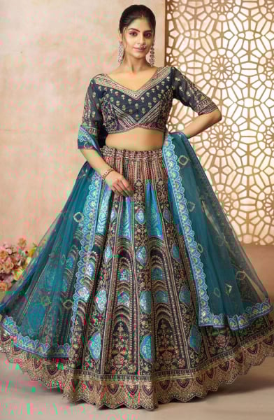 Teal Blue Zari with Resham Embroidered Designer Lehenga Choli Set