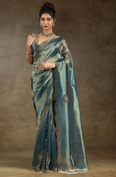 Teal Blue Zarkan Embellished Banarasi Silk Saree