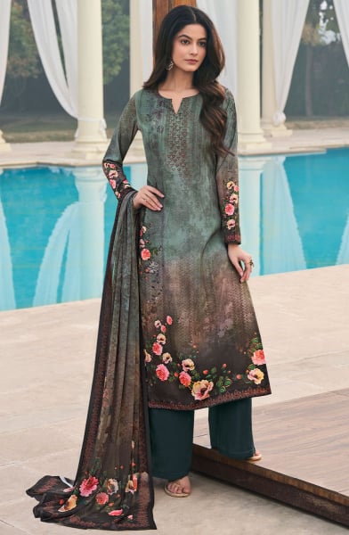 Teal Green and Coffee Brown Printed Crepe Plus Size Suit