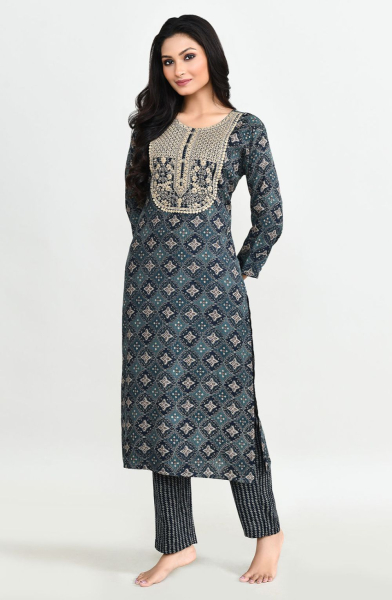 Teal Green Cotton Readymade Kurti with Bottom