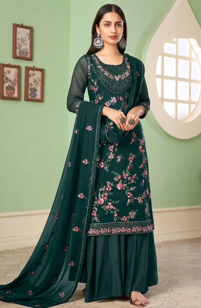 Teal Green Embroidered Georgette Designer Sarara Kameez Suit