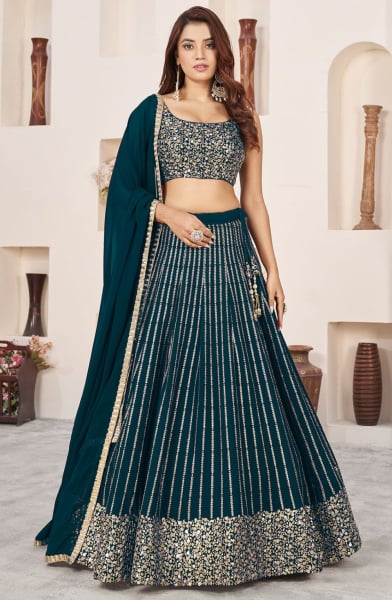 Teal Green Embroidered Georgette Lehenga Choli for Wedding