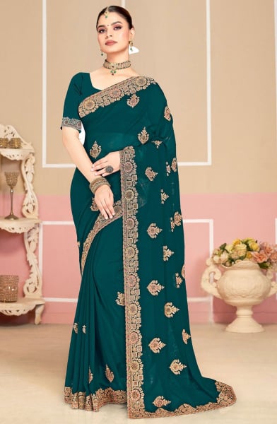 Teal Green Embroidered Georgette Saree for Festival