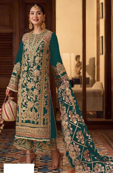 Teal Green Embroidered Georgette Trouser Kameez