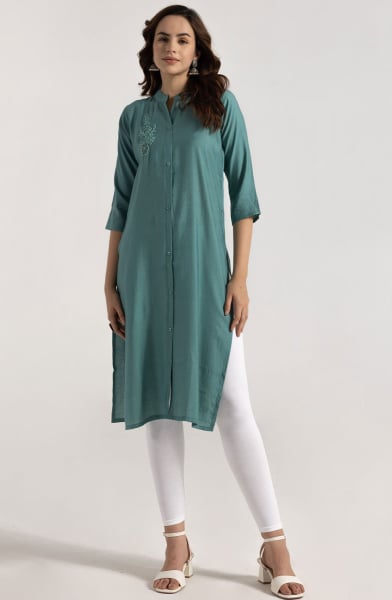 Teal Green Embroidered Rayon Kurti