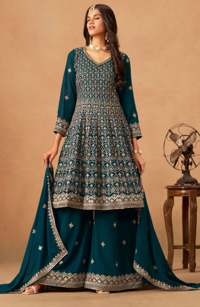 Teal Green Faux Georgette Designer Embroidered Suit