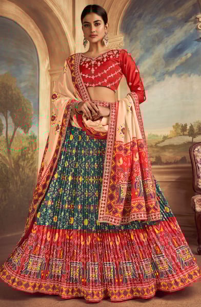 Teal Green Flared Gaji Silk Lehenga Choli for Ceremonial