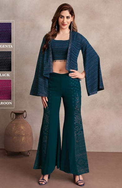 Teal Green Georgette Crop Top with Jacket