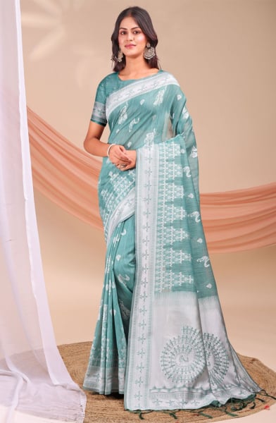 Teal Green Linen Cotton Party Wear Saree
