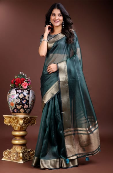Teal Green Organza Woven Saree