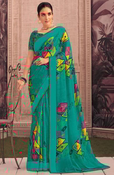 Teal Green Printed Casual Georgette Saree