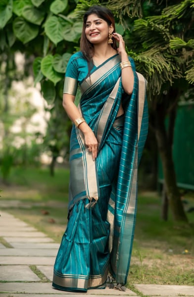 Teal Green Raw Silk Zari Woven Saree