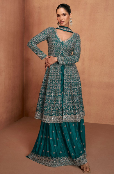 Teal Green Real Chinon Palazzo Kameez Suit