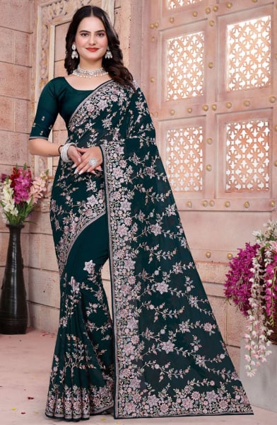 Teal Green Resham Embroidered Georgette Saree