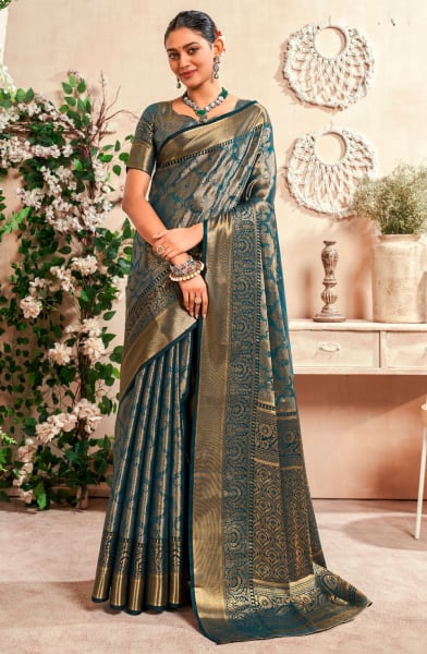 Teal Green Silk Zari Woven Saree