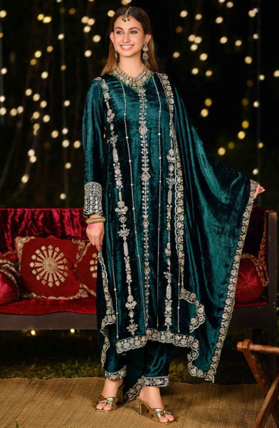 Teal Green Velvet Designer Pant Kameez Suit