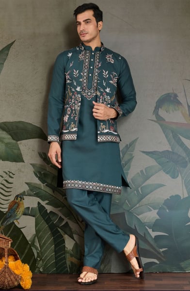 Teal Green Viscose Silk Kurta Pyjama Set with Jacket