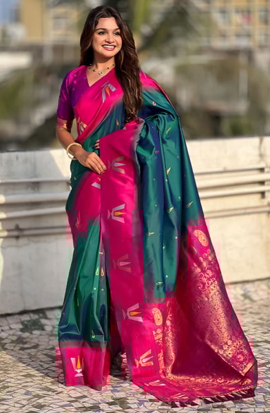 Teal Green Woven Soft Silk Saree