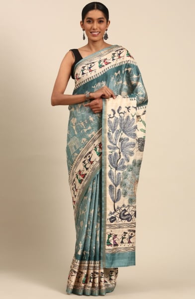 Teal Grey Cotton Printed Saree