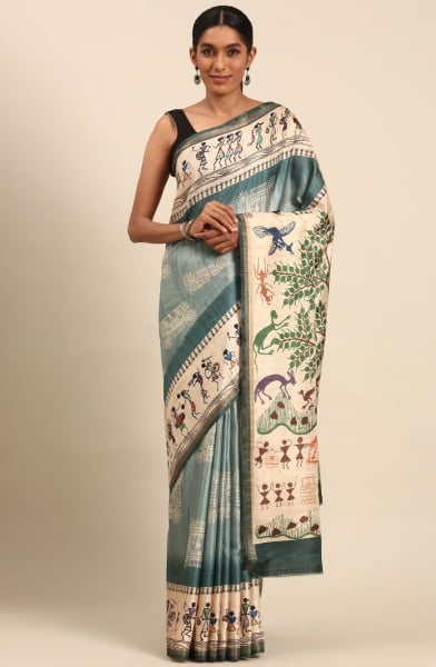 Teal Grey Cotton Printed Saree