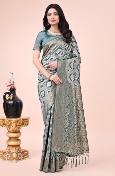 Teal Grey Cotton Woven Saree