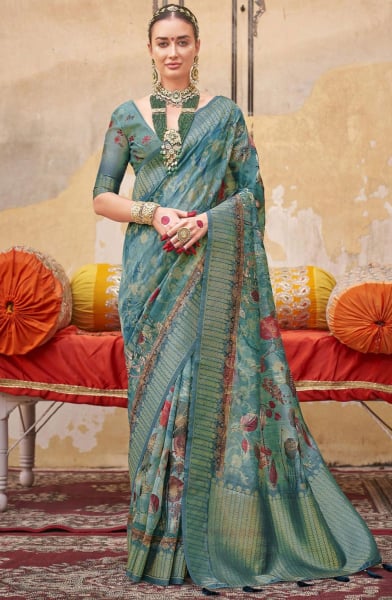 Teal Grey Digital Print Silk Saree