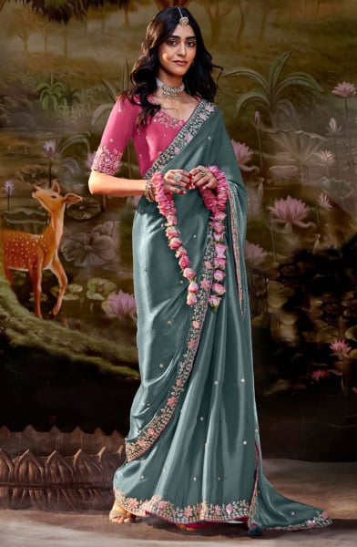 Teal Grey Embroidered Designer Saree for Wedding
