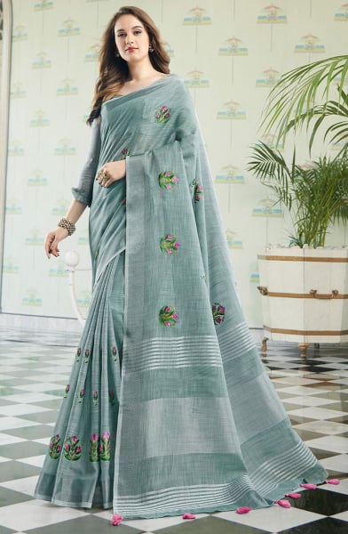 Teal Grey Embroidered Linen Saree