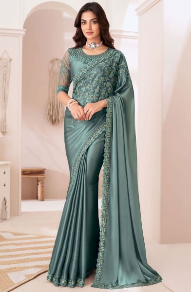 Teal Grey Embroidered Saree with Designer Blouse