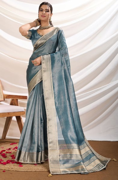 Teal Grey Gold Infused Tissue Linen Saree
