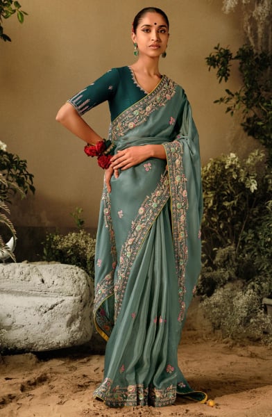 Teal Grey Khatli Work Designer Saree for Wedding