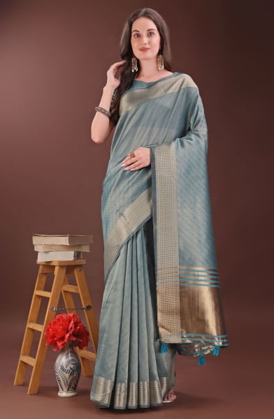 Teal Grey Organza Printed Saree