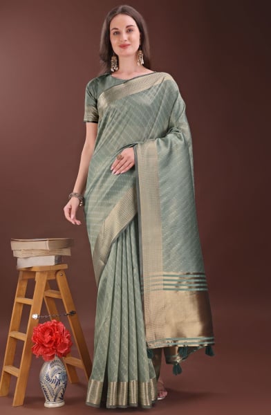 Teal Grey Organza Printed Saree