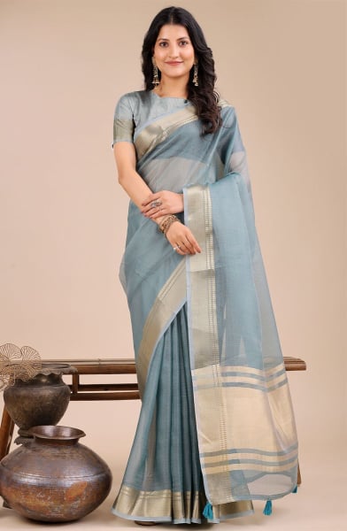 Teal Grey Organza Saree for Festival
