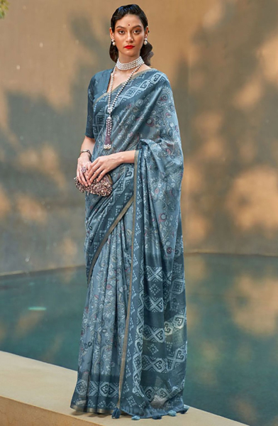 Teal Grey Printed Cotton Party Wear Saree