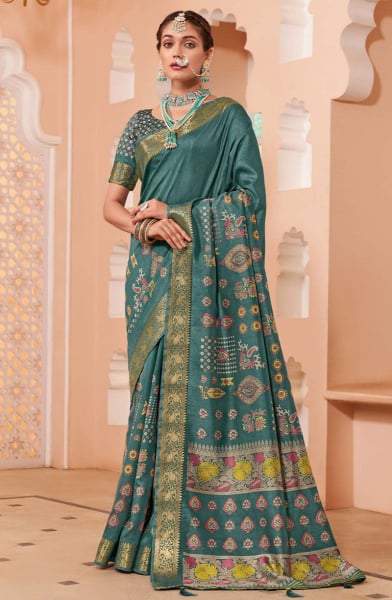Teal Grey Silk Saree for Festival