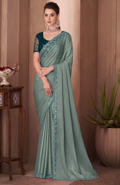 Teal Grey Silk Saree with Embroidered Blouse