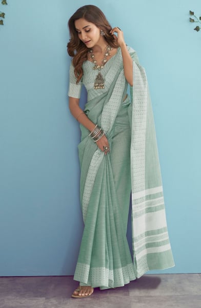 Teal Grey Soft Linen Silk Saree