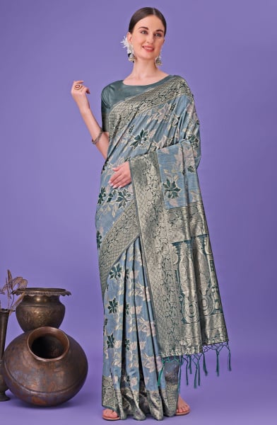 Teal Grey Weaving Design Cotton Saree