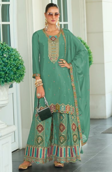 Teal Mint Embroidered Chinnon Silk Palazzo Kameez