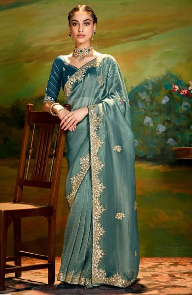 Teal Mint Embroidered Designer Saree for Wedding