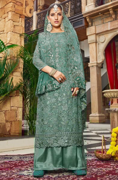 Teal Mint Embroidered Georgette Palazzo Kameez