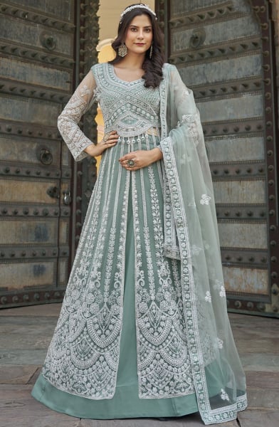 Teal Mint Embroidered Lehenga Pant Kameez