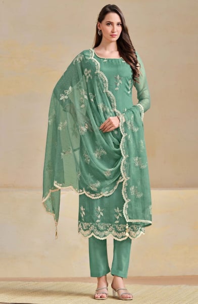 Teal Mint Embroidered Organza Chiffon Pant Kameez
