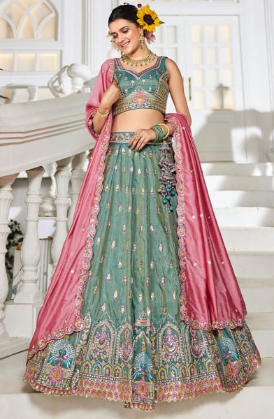 Teal Mint Embroidered Tissue Designer Lehenga Choli