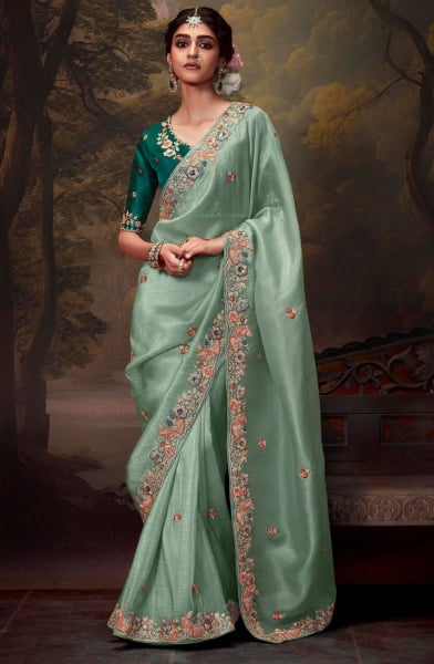 Teal Mint Embroidered Tissue Organza Saree