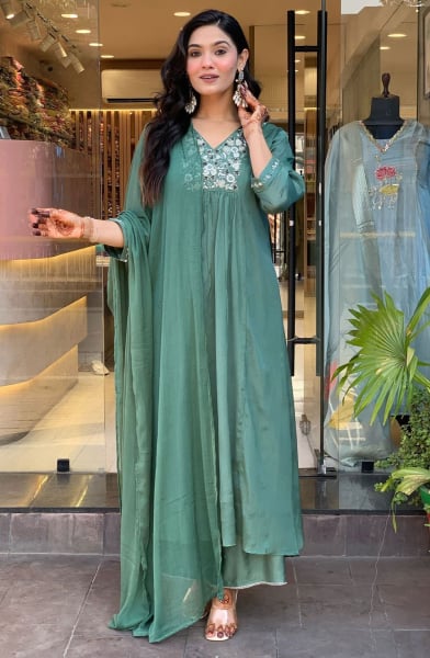 Teal Mint Embroidered Viscose Chinnon Readymade Suit